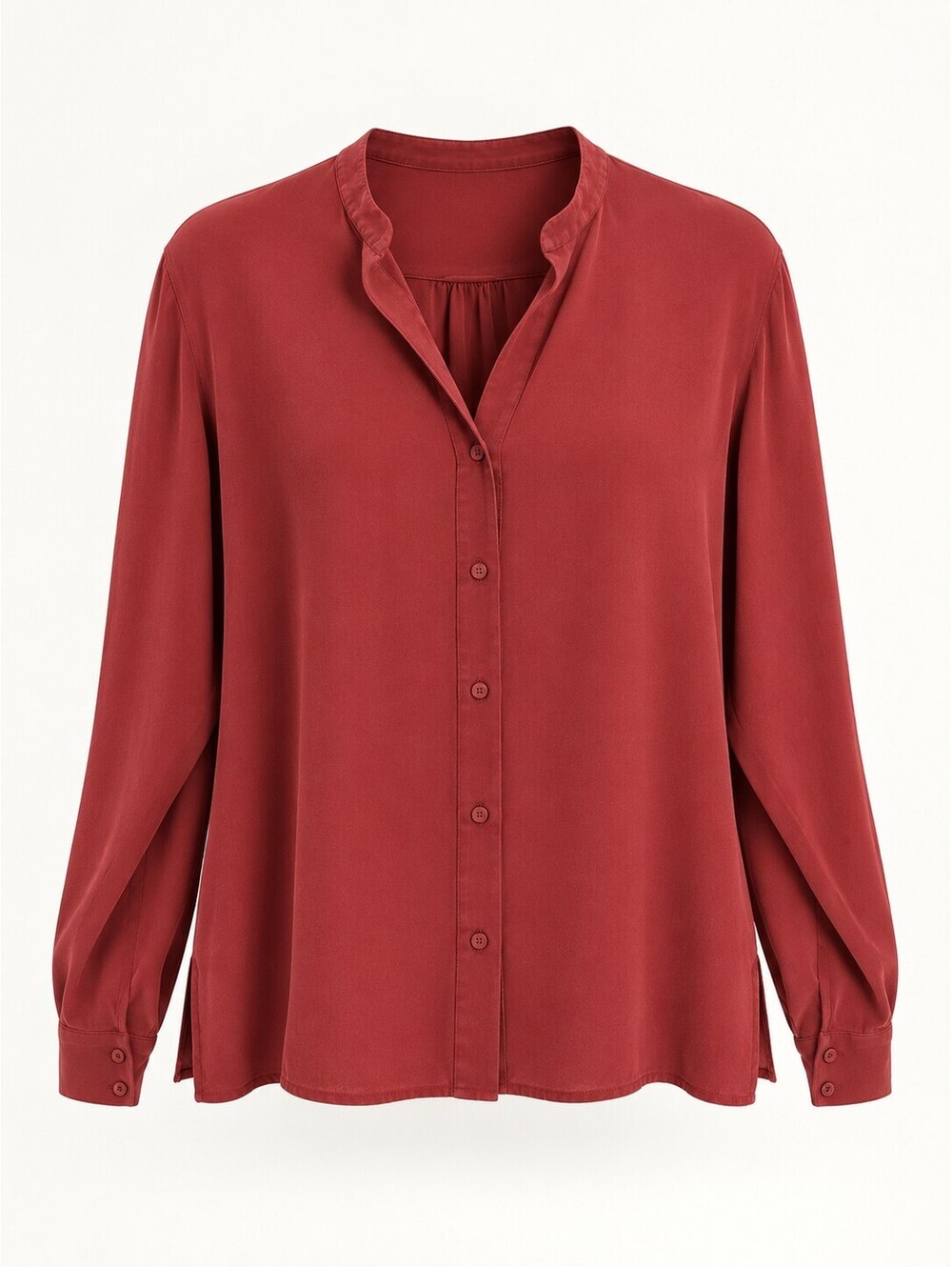 Eileen Fisher Women’s M Red 100% Silk Mandarin Collar Button Front Blouse